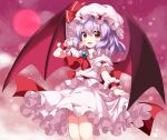  1girl ascot bat_wings blush brooch collared_shirt feet_out_of_frame frilled_shirt_collar frilled_skirt frilled_sleeves frills hair_between_eyes hat hat_ribbon highres jewelry mob_cap open_mouth purple_hair red_ascot red_eyes red_ribbon remilia_scarlet ribbon ruu_(tksymkw) shirt short_hair short_sleeves skirt smile solo touhou white_headwear white_shirt white_skirt wings wrist_cuffs 