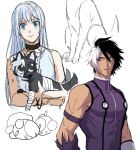  1boy 1girl black_hair blue_hair bracelet closed_mouth couple gloves isolde_(kof) jewelry long_hair metal_gloves multicolored_hair muscular muscular_male nameless_(kof) roger_525 scar scar_across_eye scar_on_cheek scar_on_face smile snk split-color_hair the_king_of_fighters the_king_of_fighters_2002 two-tone_hair white_hair 