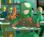  5boys blonde_hair blue_eyes book book_stack bookshelf butters_stotch character_request child classroom commentary commentary_request desk facing_viewer fur_hat gloves green_gloves green_headwear green_pants hat hood hood_up jacket kenny_mccormick kyle_broflovski male_child male_focus multiple_boys on_chair open_book orange_jacket painting_(medium) pants pen puretoma02 school_desk sitting south_park stan_marsh traditional_media 