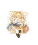  1girl absurdres alternate_costume animal_ear_fluff animal_ears arknights bag black_choker blonde_hair blue_ribbon boots braid braided_hair_rings brown_footwear chibi chinese_commentary choker commentary dated_commentary dress fang fox_ears fox_girl fox_tail green_eyes hair_rings hairband highres kitsune kyuubi looking_at_viewer multiple_tails open_mouth orange_dress orange_hairband outstretched_arms puffy_short_sleeves puffy_sleeves ribbon shio_(7203802) shopping_bag short_hair short_sleeves skin_fang solo spread_arms suzuran_(arknights) tail thigh-highs white_background white_thighhighs 