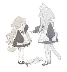  2girls animal_ears apron black_dress black_footwear blue_hair bow bowtie brown_hair cat_ears cat_tail crying dog_ears dog_tail dress flower full_body highres koirariko long_hair long_sleeves multiple_girls orange_bow orange_bowtie original pale_color puffy_long_sleeves puffy_sleeves shoes short_hair_with_long_locks simple_background socks tail vase very_long_hair water white_apron white_background white_dress white_socks 