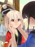  3girls aged_down black_hair black_ribbon blonde_hair blue_kimono blush cheek_squash closed_mouth collarbone commentary_request eye_contact funi_mu9 hair_ribbon head-mounted_display highres indoors inoue_takina japanese_clothes kimono kurumi_(lycoris_recoil) long_hair looking_at_another lycoris_recoil multiple_girls nishikigi_chisato official_alternate_costume one_side_up red_eyes red_kimono ribbon short_hair sidelocks violet_eyes 