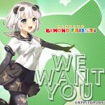  1girl animal_ears elbow_gloves extra_ears giant_panda_(kemono_friends) gloves green_background grey_eyes grey_hair japari_symbol kemono_friends kemono_friends_kingdom looking_at_viewer official_art panda_ears panda_girl panda_tail pantyhose sailor_collar school_uniform short_hair simple_background skirt smile solo tail 