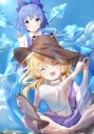  2girls animal barefoot blonde_hair blue_bow blue_dress blue_eyes blue_hair blush bow brown_headwear cirno closed_eyes collared_shirt detached_wings dress fairy fish fishing frozen grin hair_bow hair_ribbon hat ice ice_wings moriya_suwako multiple_girls neko_bocchi open_mouth purple_skirt purple_vest red_ribbon ribbon shirt short_hair short_sleeves skirt smile toenails toes touhou tress_ribbon vest white_shirt wings 