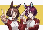  2girls absurdres animal_ears bojue_(hakus_1128) brown_hair clenched_hand closed_mouth eyepatch hair_over_one_eye hand_up high_collar highres horse_ears jacket long_sleeves multicolored_hair multiple_girls open_mouth outstretched_arm purple_hair reaching reaching_towards_viewer red_jacket shirt short_hair smile streaked_hair tanino_gimlet_(umamusume) track_jacket umamusume upper_body v vodka_(umamusume) white_shirt yellow_eyes 