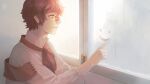  1boy driftwoodwolf fukase male_focus necktie red_eyes red_scarf redhead scarf shirt smile smiley_face solo upper_body vocaloid white_shirt window window_fog 