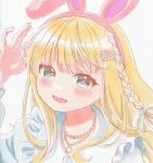  1girl :d \||/ animal_ears blonde_hair blush braid dot_nose fake_animal_ears frilled_shirt frills green_eyes hairband hand_up highres idoly_pride jewelry long_bangs long_hair long_sleeves looking_at_viewer narumiya_suzu open_mouth pendant pink_hairband portrait rabbit_ears raised_eyebrows sakuranoron shikishi shirt sidelocks smile solo straight_hair white_shirt 