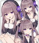  1girl :d :p anaketsu beret black_headwear brown_hair choker doll_joints face_in_hands flower hair_flower hair_ornament hat herta_(honkai:_star_rail) highres honkai:_star_rail honkai_(series) joints key long_hair looking_at_viewer multiple_views purple_choker purple_nails smile tongue tongue_out twintails violet_eyes 