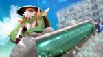  blurry bright_pupils brown_eyes building chesnaught closed_mouth clothed_pokemon clouds commentary_request day depth_of_field hat holding mizunogoke outdoors pokemon pokemon_(creature) sky spikes 