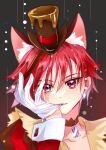  1girl animal_ear_fluff animal_ears biting chocolate choker collarbone cure_chocolat dog_ears dog_girl dog_tail earrings extra_ears eyelashes glove_biting gloves hat highres jewelry kenjou_akira kirakira_precure_a_la_mode long_sleeves looking_at_viewer magical_girl manekineko88 precure red_eyes redhead short_hair simple_background solo tail top_hat white_gloves 