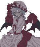  1girl absurdres bat_wings black_wings blue_hair hair_between_eyes hat highres long_sleeves medium_hair mob_cap open_mouth red_eyes remilia_scarlet shirt simple_background skirt solo touhou white_background white_headwear white_shirt white_skirt wings zabu_rou 