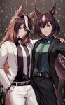  2girls absurdres alternate_costume animal_ears arm_around_shoulder black_necktie black_pants black_shirt blurry bojue_(hakus_1128) bokeh breasts brown_hair closed_mouth collared_shirt cowboy_shot depth_of_field green_shirt hand_in_pocket highres horse_ears jacket long_hair long_sleeves looking_at_viewer multicolored_hair multiple_girls necktie open_clothes open_jacket open_mouth pant_suit pants red_eyes shirt shirt_tucked_in sirius_symboli_(umamusume) small_breasts smile streaked_hair suit symboli_rudolf_(umamusume) umamusume violet_eyes white_jacket white_necktie white_pants 