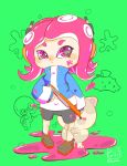  1girl black_shorts blue_jacket butapoko c.q._cumber_(splatoon) cat closed_mouth full_body green_background grey_shirt gun headset highres holding holding_gun holding_weapon ink ink_on_face jacket li&#039;l_judd_(splatoon) mixed-language_commentary nes_zapper octoling octoling_girl pink_eyes pink_hair shirt shorts splatoon_(series) star_(symbol) star_in_eye suction_cups symbol_in_eye tentacle_hair weapon 