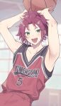  1boy absurdres basketball black_shirt blush ensemble_stars! green_eyes highres isara_mao looking_at_viewer male_focus pants red_pants red_shirt redhead reijiro shirt short_hair smile solo tank_top teeth white_shirt 