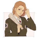  1girl adjusting_hair brown_eyes commentary english_commentary green_jacket hanpetos hitch_dreyse holding holding_newspaper jacket light_brown_hair military_police_brigade_(emblem) military_uniform newspaper paradis_military_uniform parted_lips rolled_up_newspaper shingeki_no_kyojin smile solo uniform upper_body 