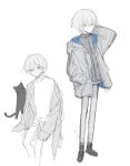  1boy black_footwear boots cat closed_mouth grey_jacket grey_shirt highres jacket koirariko long_sleeves looking_at_viewer multiple_views original pants shirt simple_background sitting sweater white_background white_hair white_pants white_sweater wing_collar 