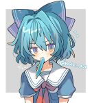  1girl blue_hair blush border bow bowtie cirno food furrowed_brow grey_background hair_bow highres light_blue_hair medium_hair motion_lines popsicle red_bow red_bowtie sailor_collar sailor_shirt shirocha_tei shirt solo sound_effects touhou twitter_username upper_body white_border 