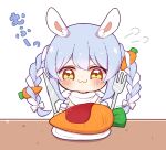  0725akaba 1girl :3 absurdres animal_ear_fluff animal_ears blue_hair blush braid brown_eyes carrot chibi closed_mouth commentary_request detached_sleeves fork hair_between_eyes highres hololive knife multicolored_hair plate puffy_short_sleeves puffy_sleeves rabbit_ears short_eyebrows short_sleeves simple_background smile solo thick_eyebrows translation_request twin_braids twintails two-tone_hair upper_body usada_pekora virtual_youtuber white_background white_hair white_sleeves 