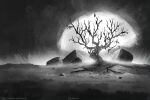  artist_name bare_tree boulder greyscale horror_(theme) kvacm monochrome no_humans original outdoors scenery sky tree web_address 