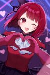  1girl arima_kana barufoa blush commentary dress gloves happy hat heart heart_hands highres idol idol_clothes one_eye_closed open_mouth oshi_no_ko red_dress red_eyes redhead solo 