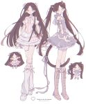  2girls :3 absurdres animal_ears bare_shoulders boots brown_hair cat_ears cat_girl cat_tail chibi choker chromatic_aberration closed_mouth commission corset detached_sleeves dress english_text fashion full_body highres knee_blush layered_skirt long_hair looking_at_viewer multiple_girls neck_ribbon open_mouth original pink_dress purple_dress ribbon ronoh_(jill) see-through see-through_skirt see-through_sleeves simple_background skeb_commission skirt smile standing tail tail_ornament tail_ribbon thigh_strap twintails very_long_hair white_background white_dress white_leg_warmers yellow_eyes 