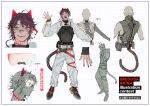  1boy animal_ears black_footwear black_nails blue_eyes cat_boy cat_ears cat_tail ear_piercing english_text fake_animal_ears fangs full_body goggles gradient_hair grid_background hands_up highres hood hood_down hoodie long_sleeves male_focus mechanical_tail multicolored_hair multiple_views natsu_(rodysanp) nijisanji open_mouth piercing purple_hair redhead reference_sheet ringed_eyes saegusa_akina shrug_(clothing) simple_background sleeves_past_wrists standing streaked_hair tail waving white_background white_hoodie 