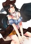  1girl absurdres black_hair black_wings breasts cowboy_hat hat highres kurokoma_saki long_hair looking_at_viewer multicolored_clothes off_shoulder pegasus_wings red_eyes scarf skirt smile solo touhou uooooo_imoda white_background white_scarf wings yellow_skirt 