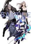  aslaug_(fate) axe black_jacket blue_eyes bow_(weapon) breasts colored_inner_hair cross_scar fate:lost_einherjar fate_(series) green_eyes holding holding_axe holding_bow_(weapon) holding_weapon husband_and_wife jacket large_breasts miwa_shirow multicolored_hair official_art ragnar_lodbrok_(fate) remina_eltfrom_yggdmillennia scar scar_on_face scar_on_forehead weapon wolf 