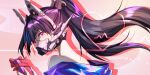  1girl bare_shoulders black_hair from_side gameexpofficial gift goddess_of_victory:_nikke headgear heart high_ponytail holding holding_gift jacket light_blush long_hair looking_at_viewer mask mouth_mask portrait purple_jacket sin_(nikke) solo twitter_username violet_eyes 