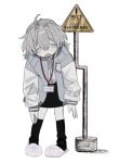  1girl ahoge antenna_hair black_skirt black_socks blush collared_shirt dress_shirt full_body grey_eyes grey_hair hair_intakes highres hougetsu_(moon_neetcat) hunched_over jacket kneehighs lanyard leaning_to_the_side letterman_jacket long_hair long_sleeves loose_socks messy_hair open_clothes open_jacket open_mouth original pencil_skirt pigeon-toed road_sign romaji_text shirt sign simple_background skirt slippers socks solo standing straight-on tareme translation_request warning_sign white_background white_shirt 