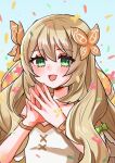  1girl :d blonde_hair blush bow butterfly_hair_ornament celine_(fire_emblem) dress dress_bow eyelashes fire_emblem fire_emblem_engage green_bow green_eyes hair_ornament highres long_hair looking_at_viewer official_alternate_costume open_mouth orange_bow own_hands_together petals shi_yaba_yaba short_sleeves smile solo upper_body very_long_hair wrist_bow 
