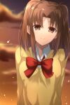  1girl blush bow bowtie brown_eyes brown_hair cardigan closed_mouth clouds collared_shirt commentary_request head_tilt highres long_hair long_sleeves looking_at_viewer orange_sky outdoors parted_bangs red_bow red_bowtie school_uniform shirt sky smile solo sunset tsukihime tsukihime_(remake) two_side_up uniform vent_vert_(kuuya) white_shirt yellow_cardigan yumizuka_satsuki 
