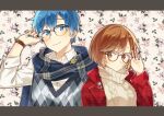  1boy 1girl adjusting_eyewear bespectacled blue_eyes blue_hair blue_nails brown_eyes brown_hair buttons closed_mouth collared_shirt commentary fingernails floral_background glasses highres kaito_(vocaloid) lapels long_sleeves meiko_(vocaloid) notched_lapels scarf shirt short_hair sideways_glance sleeves_past_elbows smile sweater sweater_vest turtleneck turtleneck_sweater upper_body vocaloid watch watch yichiko11 