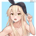  1girl animal_ears armpits breasts kantai_collection long_hair looking_at_viewer nude open_mouth rabbit_ears shimakaze_(kancolle) shiromaru_(maniado) simple_background small_breasts teeth upper_teeth_only yellow_eyes 