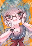  1girl absurdres aki_keika blue_hair blush cinderella_(vocaloid) commentary glasses green_eyes hands_on_own_cheeks hands_on_own_face hatsune_miku highres nervous open_mouth orange_background red_ribbon ribbon school_uniform vocaloid 