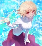  1girl absurdres ahoge arcueid_brunestud blonde_hair breasts closed_mouth hair_between_eyes hair_intakes highres large_breasts leaning_forward long_skirt looking_at_viewer purple_skirt red_eyes short_hair skirt smile solo sweater tesin_(7aehyun) tsukihime waving white_sweater 