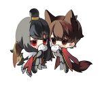  1boy 1girl animal_ears baozi black_footwear black_gloves black_hair black_jacket black_pants brown_eyes brown_hair chibi coat coat_on_shoulders food fox_ears fox_tail fur-trimmed_coat fur_trim gloves gold_trim hair_bun hi_i_dubu highres husband_and_wife jacket library_of_ruina long_hair long_sleeves lowell_(library_of_ruina) pants project_moon red_coat red_eyes shoes sidelocks tail transparent_background very_long_hair wings xiao_(library_of_ruina) 