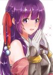  1girl arianna_caledonia armor bare_shoulders blush breastplate bright_pupils from_side gloves hair_ribbon highres long_hair looking_at_viewer open_mouth purple_hair ribbon sekaiju_no_meikyuu shin_sekaiju_no_meikyuu_2 solo steepled_fingers upper_body user_jakv3352 violet_eyes white_background white_gloves white_pupils 