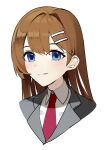  1girl black_jacket blue_eyes brown_hair closed_mouth collared_shirt hair_ornament hairclip hi_i_dubu hod_(project_moon) jacket lobotomy_corporation long_hair necktie portrait project_moon red_necktie shirt simple_background solo very_long_hair white_background white_shirt wing_collar 