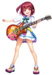  1girl ankle_socks arm_at_side blue_sailor_collar breasts clothes_around_waist guitar hair_ornament holding holding_instrument igarashi_nadeshiko instrument irodorimidori jacket jacket_around_waist looking_at_viewer medium_breasts open_mouth plectrum raised_eyebrows red_eyes redhead sailor_collar shoes short_hair side_ponytail sleeves_past_elbows sleeves_rolled_up smile sneakers socks solo standing transparent_background white_socks 