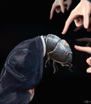  1boy arthropod_boy black_background black_jacket bug commentary_request highres jacket original out_of_frame pillbug pointing pointing_at_another signature simple_background utsusemi_rari 