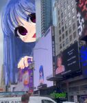  :d billboard blue_hair blush building city english_commentary english_text furude_rika giant giantess highres higurashi_no_naku_koro_ni long_hair motor_vehicle outdoors peeking_out photo_background postpeepo smile solo_focus times_square van violet_eyes 