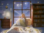  1girl bed blanket book bookshelf brown_hair chest_of_drawers dog flower highres lamp long_hair moon nintendo_switch notebook on_bed original paper pen plant potted_plant sitting socks solo star_(sky) star_(symbol) stuffed_animal stuffed_toy sumi_0525 teddy_bear tulip window 