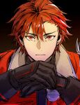  1boy black_gloves closed_mouth diamant_(fire_emblem) fire_emblem fire_emblem_engage furrowed_brow gloves hair_between_eyes looking_at_viewer male_focus portrait red_eyes redhead short_hair solo t_misaomaru 