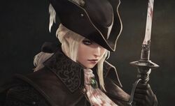  1girl absurdres ascot blonde_hair blood blood_on_clothes blood_on_weapon bloodborne blue_eyes brooch coat dark_background gem hair_ribbon hat hat_feather highres holding holding_sword holding_weapon jewelry lady_maria_of_the_astral_clocktower lips looking_at_viewer monori_rogue ponytail rakuyo_(bloodborne) ribbon shaded_face solo sword tricorne upper_body weapon white_ascot 