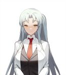  1girl absurdres angela_(project_moon) black_vest blue_hair closed_mouth coat collared_shirt hi_i_dubu highres lab_coat lobotomy_corporation long_hair long_sleeves necktie one_side_up parted_bangs project_moon red_necktie shirt simple_background solo very_long_hair vest white_background white_coat white_shirt wing_collar yellow_eyes 