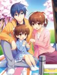  1boy 2girls antenna_hair blue_dress blue_eyes blue_hair bow brown_eyes brown_hair casual cherry_blossoms clannad commentary_request crossed_legs day dress family father_and_daughter full_body furukawa_nagisa fuyuichi hair_bow hair_ribbon highres husband_and_wife looking_at_another medium_hair mother_and_daughter multiple_girls no_shoes official_art okazaki_tomoya okazaki_ushio outdoors picnic ponytail ribbon second-party_source short_hair sitting socks spiky_hair spoilers thermos tree white_ribbon white_socks yokozuwari 