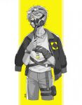  1boy driftwoodwolf fingerless_gloves gas_mask gloves goggles goggles_on_head holding holding_key holster jacket jacket_over_shoulder jacket_removed key looking_at_viewer male_focus mask monochrome open_clothes open_jacket original pants solo steampunk steampunk_(liarsoft) thigh_holster yellow_eyes 