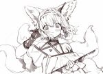  1girl :&gt; animal_ear_fluff animal_ears arknights blush braided_hair_rings closed_mouth cropped_torso dress earpiece floating_hair fox_ears fox_girl gloves greyscale hair_tucking hairband hand_up head_tilt holding holding_staff kitsune looking_at_viewer mafuin_da monochrome multiple_tails off_shoulder oripathy_lesion_(arknights) single_glove sleeveless sleeveless_dress solo staff straight-on suzuran_(arknights) tail 