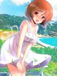  1girl beach blue_sky blush brown_eyes brown_hair casual clouds cloudy_sky commentary day dress dress_tug flying_sweatdrops girls_und_panzer highres kumaisao leaf leaning_forward looking_at_viewer medium_dress nishizumi_miho open_mouth outdoors short_hair sky sleeveless sleeveless_dress smile solo standing sundress sweatdrop white_dress wind wind_lift 